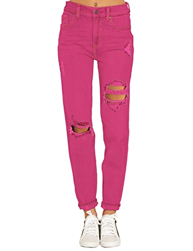 Mom Jeans - luvamia Boyfriend Jeans for Women Stretch High Waisted Ripped Distressed Mom Jeans Slim Denim Pants A1 Hot Pink