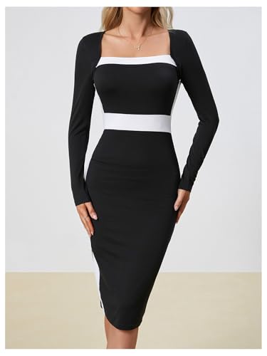 Women Midi Dress - Color Block Square Neck Long Sleeve Bodycon Dress