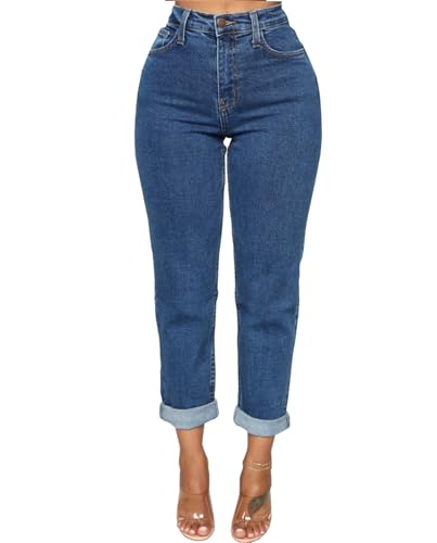 Mom Jeans - SheKiss Boyfriend Stretchy Jeans for Women Distressed Frayed High Waisted Trendy Denim Blue Jeans Blue Mom Stretch Jeans 767