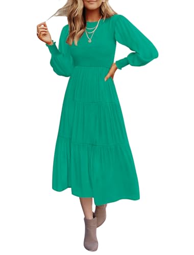 Christmas Green Dress - ZESICA Womens 2024 Casual Long Sleeve Crew Neck High Waist Smocked Flowy Tiered Midi Dress Green