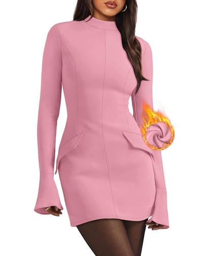 Christmas Party Dress - OFEEFAN Womens Fall Long Sleeve Mock Neck Dress Basic Party Club Bodycon Mini Dresses Pink