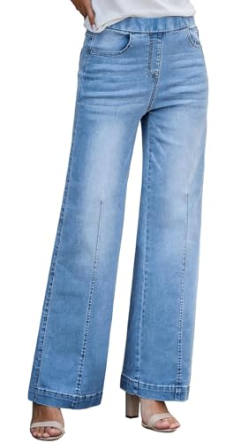 Celine Denim Pants - BestGirl Women's Baggy Jeans Pull On Stretchy Loose High Waisted Wide Leg Denim Pants D Light Blue
