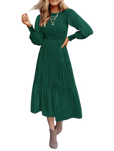Christmas Green Dress - ZESICA Womens 2024 Casual Long Sleeve Crew Neck High Waist Smocked Flowy Tiered Midi Dress