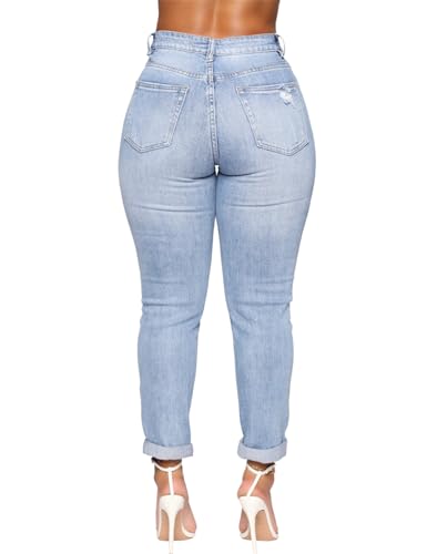Mom Jeans - SheKiss Boyfriend Stretchy Jeans for Women Distressed Frayed High Waisted Trendy Denim Blue Jeans Boyfriend Denim Jeans 761