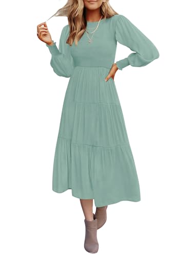 Christmas Green Dress - ZESICA Womens 2024 Casual Long Sleeve Crew Neck High Waist Smocked Flowy Tiered Midi Dress Sage