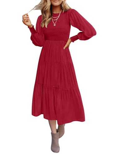 Christmas Green Dress - ZESICA Womens 2024 Casual Long Sleeve Crew Neck High Waist Smocked Flowy Tiered Midi Dress Red