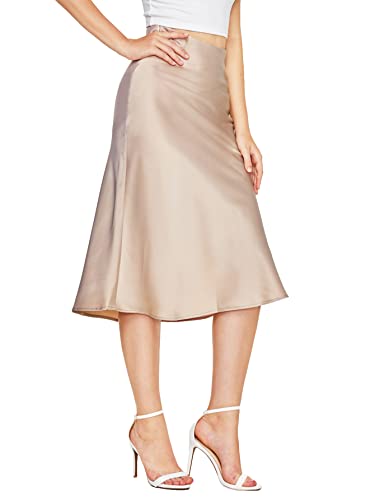 Cream Satin Skirt Outfit - Verdusa Womens Elegant High Waist Satin A Line Flared Midi Skirt Beige X-Small