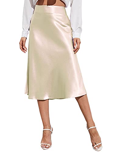 Cream Satin Skirt Outfit - Verdusa Womens Elegant High Waist Satin A Line Flared Midi Skirt Light Beige