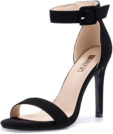 Women's Dressy Stiletto Heeled Sandals – Open Toe Ankle Strap Heels for Wedding, Party, or Homecoming Black Nubuck