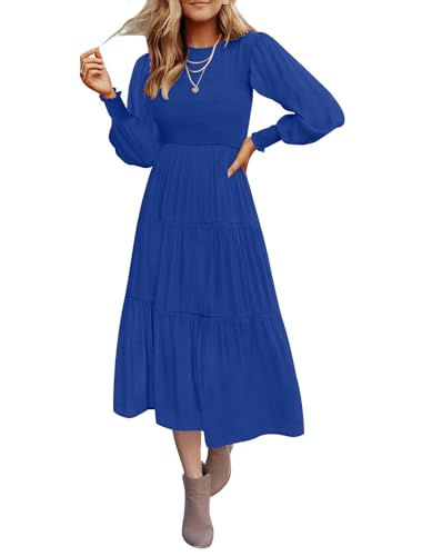 Christmas Green Dress - ZESICA Womens 2024 Casual Long Sleeve Crew Neck High Waist Smocked Flowy Tiered Midi Dress Royalblue