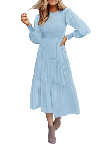 Christmas Green Dress - ZESICA Womens 2024 Casual Long Sleeve Crew Neck High Waist Smocked Flowy Tiered Midi Dress Lightblue