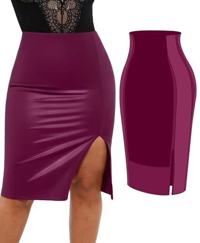 Popilush Shapewear Faux Leather Skirts with Built in Shapewear Tummy Control High Waist Midi Skirt with Shaper for Women Purple
