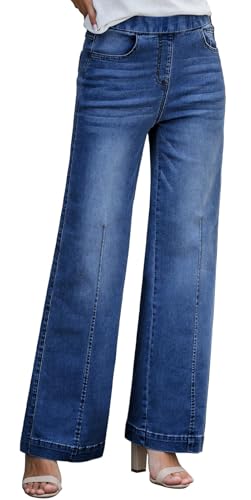 Celine Denim Pants - BestGirl Women's Baggy Jeans Pull On Stretchy Loose High Waisted Wide Leg Denim Pants D Dark Blue