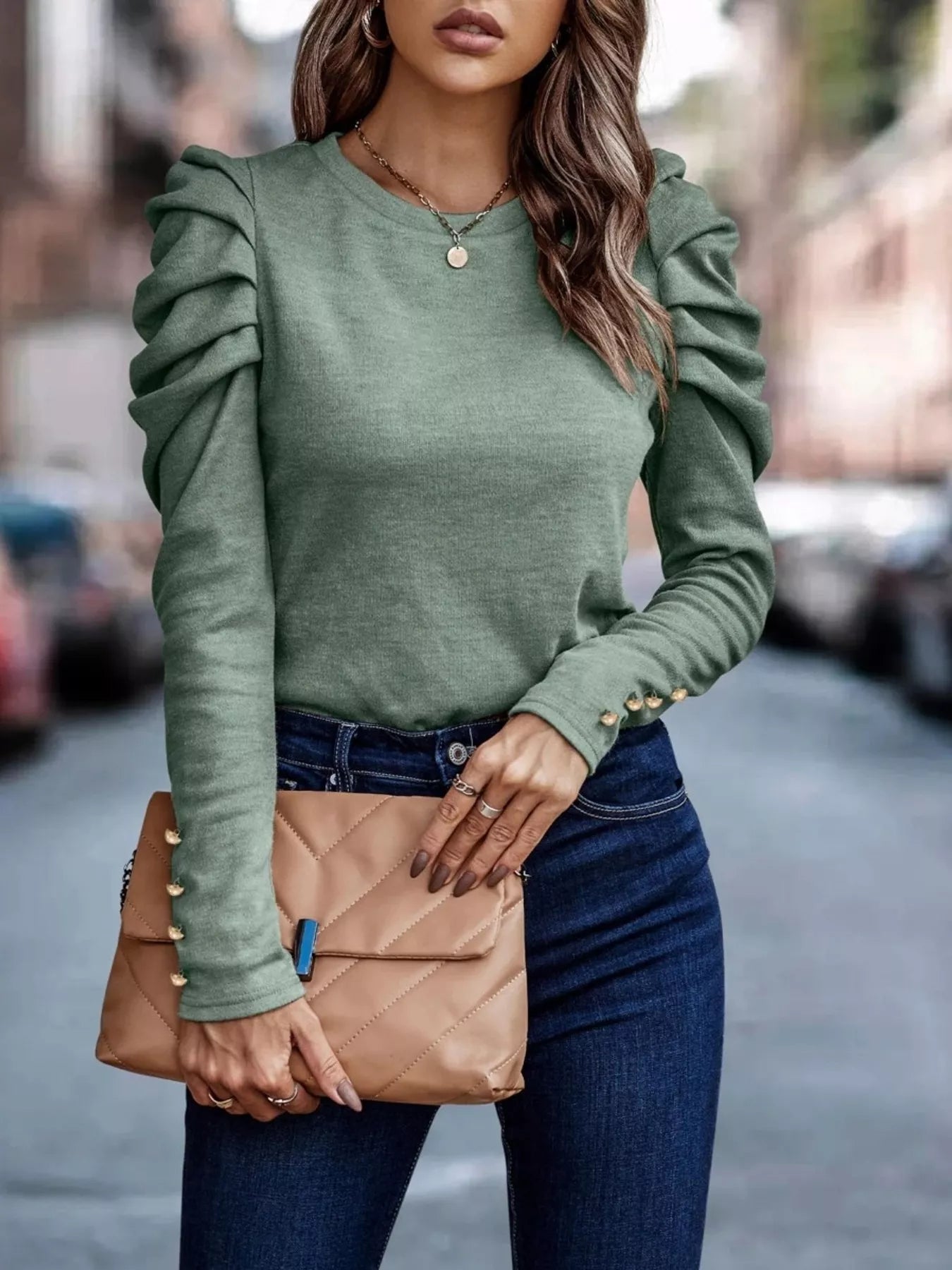 Puff Sleeve Round Neck T-Shirt Bean Green