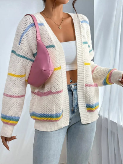 Striped Knit Open Front Cardigan Apricot