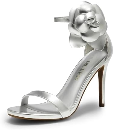 Women's Floral Ankle Strap Stiletto Heeled Sandals – Open Toe Dressy Party Shoes Silver-pu