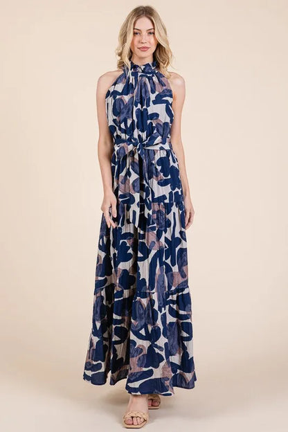 Lime 'N' Chili Abstract Halter Neck Tie-Waist Tiered Maxi Dress