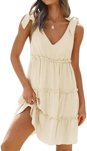 Sundresses - ZESICA Womens Summer Casual V Neck Sleeveless Mini Dress Tie Shoulder Tiered Ruffle Swing A Line Short Sundresses Apricot