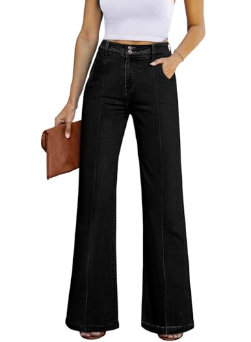 Celine Jeans - Womens Wide Leg Jeans Casual Baggy High Waisted Stretch Denim Pants Black