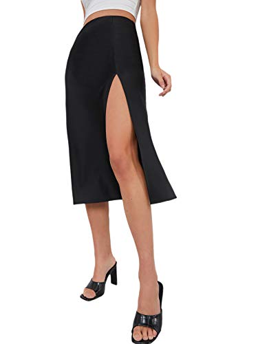 Cream Satin Skirt Outfit - Verdusa Womens Elegant High Waist Satin A Line Flared Midi Skirt Split-black