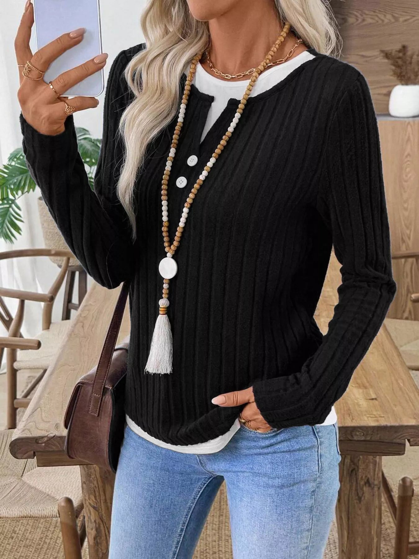 Ribbed Knit Button Detail Contrast Sweater