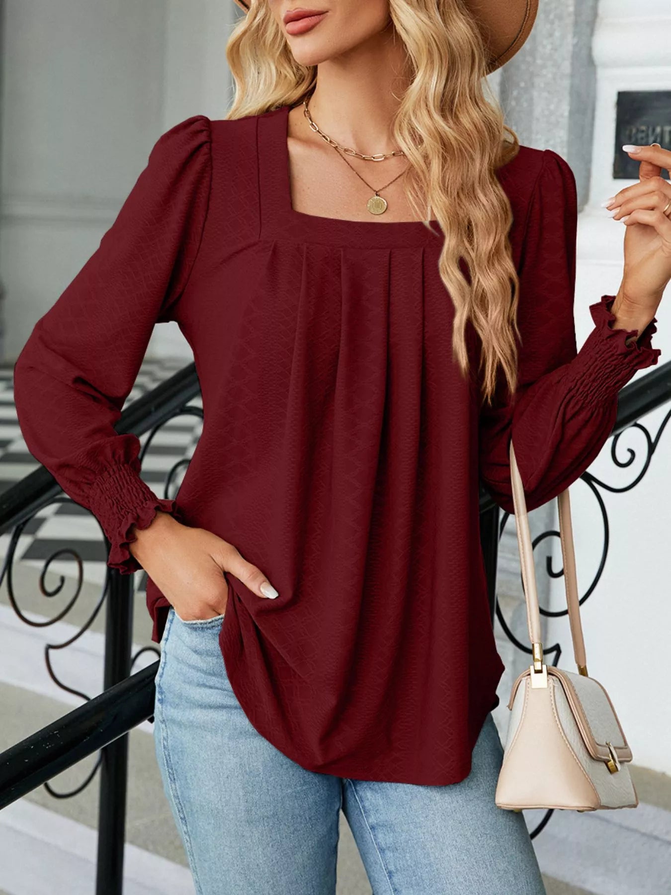 Pleated Square Neck Long Sleeve Top