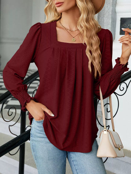 Pleated Square Neck Long Sleeve Top