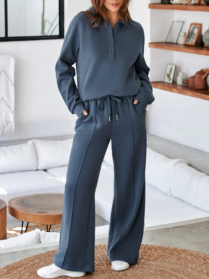 Collared Sweatshirt and High Waist Pants Active Set Dusty Blue