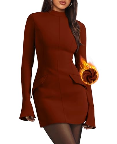 Christmas Party Dress - OFEEFAN Womens Fall Long Sleeve Mock Neck Dress Basic Party Club Bodycon Mini Dresses Caramel