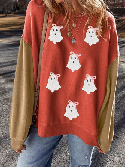 Halloween Glitter Ghost Patched Pattern Color Block Sweatshirt Orange