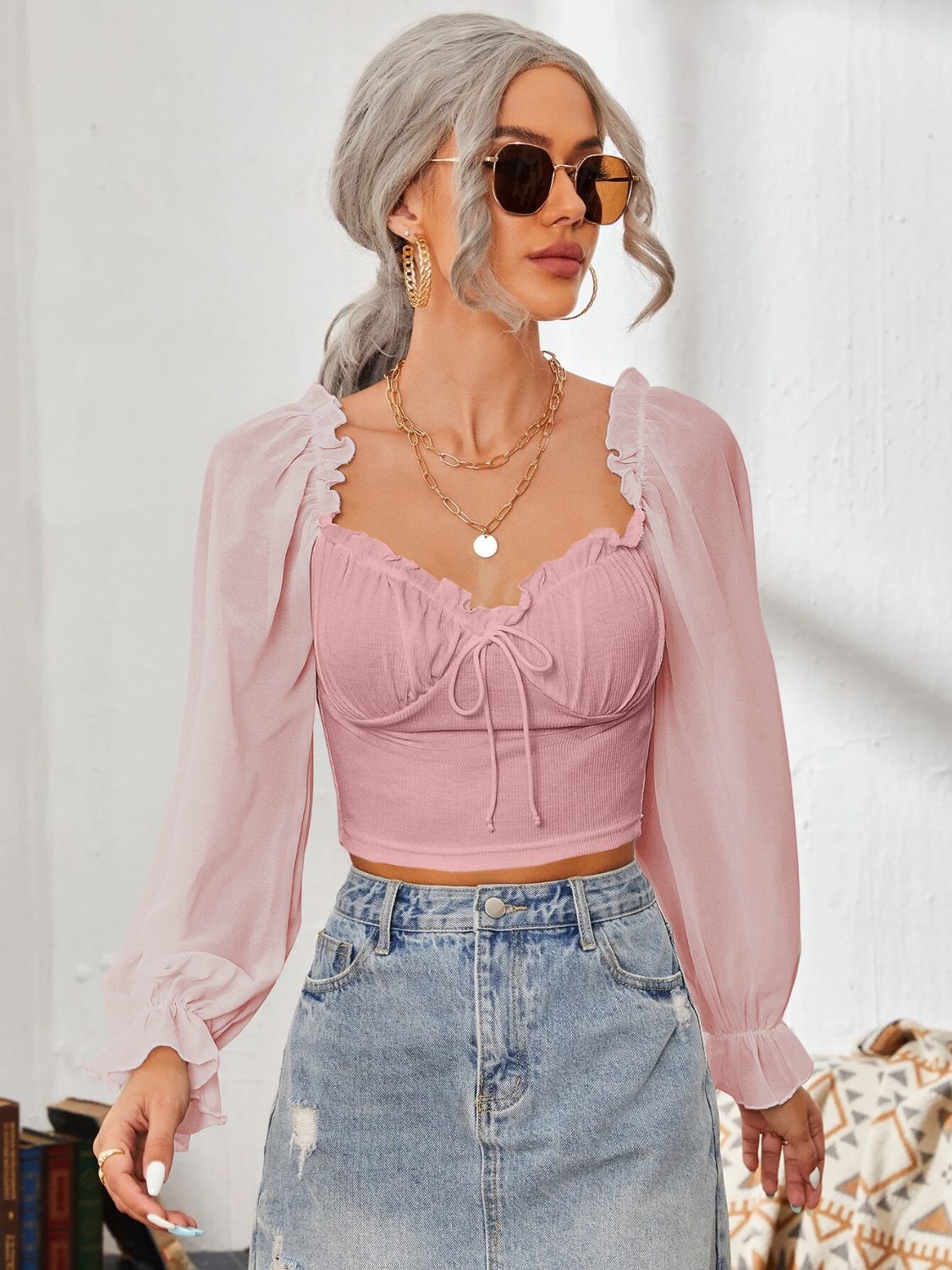 Mesh Sweetheart Neck Flounce Sleeve Top Blush Pink