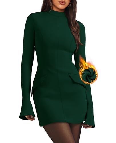 Christmas Party Dress - OFEEFAN Womens Fall Long Sleeve Mock Neck Dress Basic Party Club Bodycon Mini Dresses Deep Green