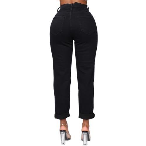 Mom Jeans - SheKiss Boyfriend Stretchy Jeans for Women Distressed Frayed High Waisted Trendy Denim Blue Jeans