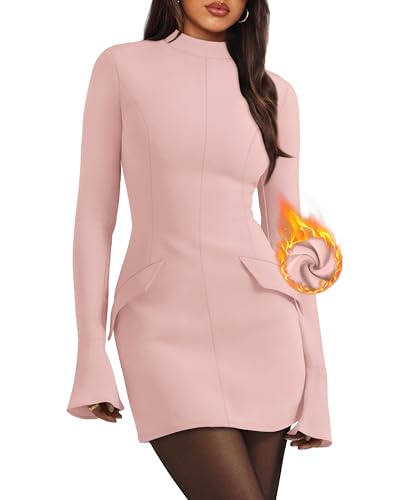 Christmas Party Dress - OFEEFAN Womens Fall Long Sleeve Mock Neck Dress Basic Party Club Bodycon Mini Dresses Apricotpink