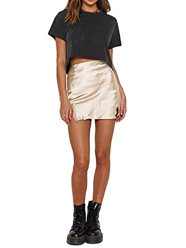 Cream Satin Skirt Outfit - LYANER Womens Satin Lace Trim Split Slit Hem Zipper High Wasit Mini Short Skirt