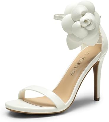 Women's Floral Ankle Strap Stiletto Heeled Sandals – Open Toe Dressy Party Shoes 6.5 Nude Suede