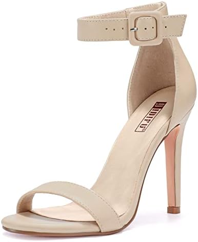 Women's Dressy Stiletto Heeled Sandals – Open Toe Ankle Strap Heels for Wedding, Party, or Homecoming Beige Pu
