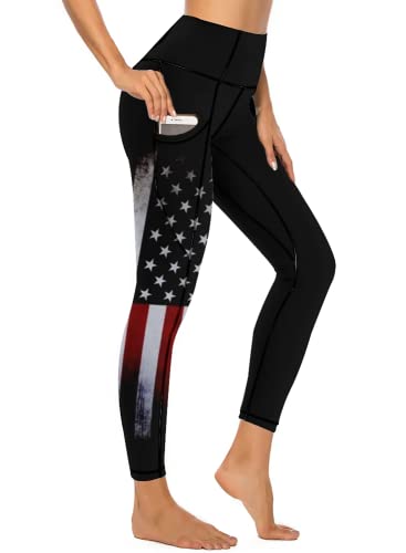 American Flag Pants - QIVICIMA Womens High Waist Workout Leggings Halloween Christmas Gym Plaid Printed Tummy Control Yoga Pants with Pockets 1 A13 Us Flag