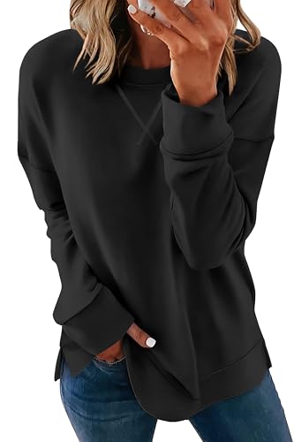 Womens Casual Loose Fit Sweatshirt Trendy Tops Crewneck Side Split Long Sleeve Shirts Black