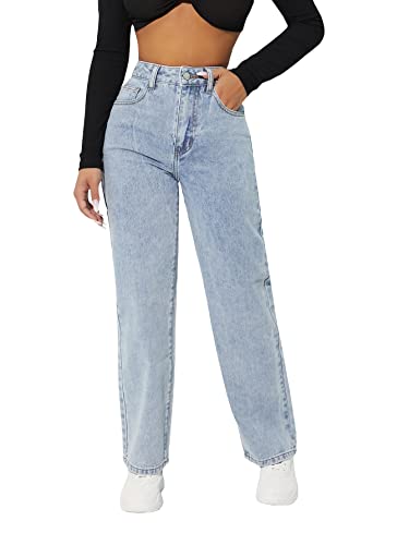 Mom Jeans - MakeMeChic Womens Straight Leg Jeans Casual High Waisted Denim Pants Light Blue