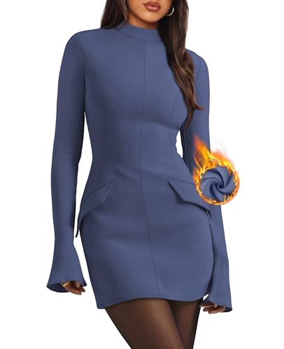 Christmas Party Dress - OFEEFAN Womens Fall Long Sleeve Mock Neck Dress Basic Party Club Bodycon Mini Dresses Blue
