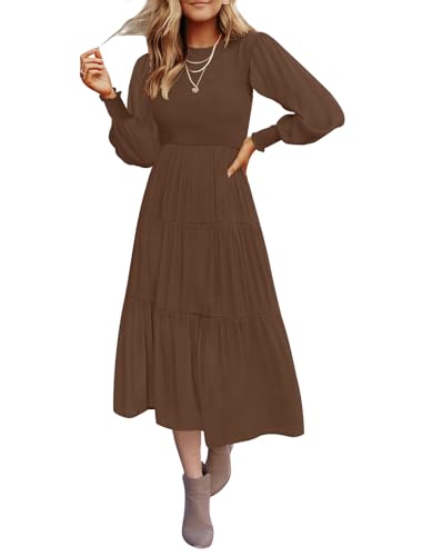 Christmas Green Dress - ZESICA Womens 2024 Casual Long Sleeve Crew Neck High Waist Smocked Flowy Tiered Midi Dress Coffee