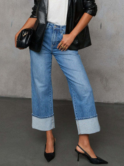 High Waisted Straight Leg Rolled Jeans
