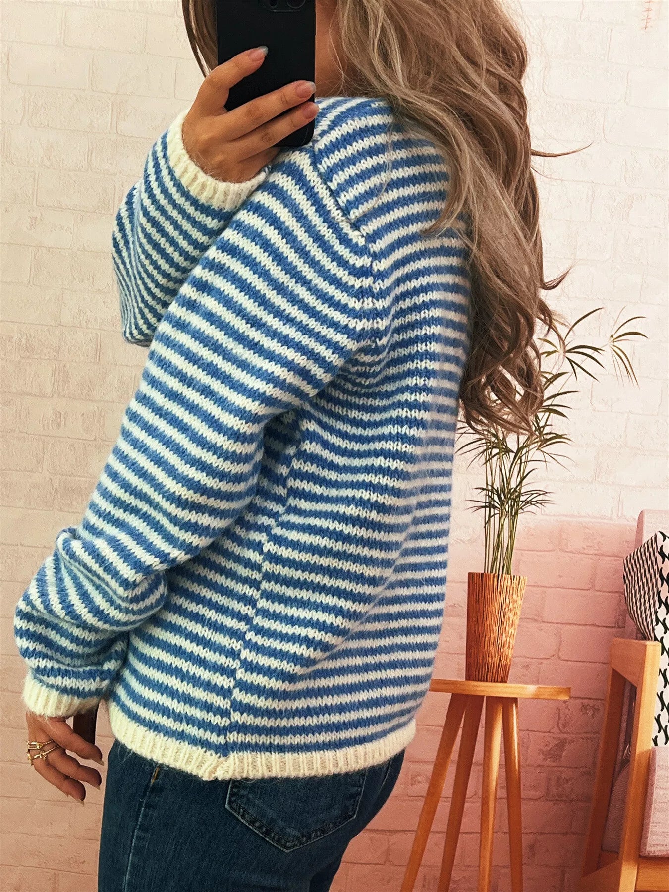 Striped Button Detail Long Sleeve Sweater