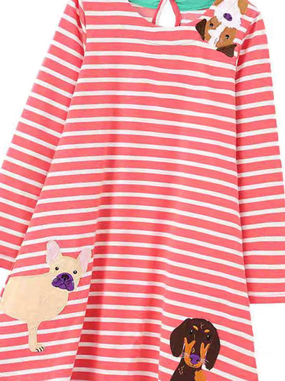 Children's Striped Dog Long Sleeve Dress