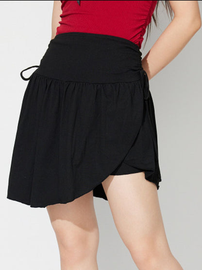 Side Tie Asymmetric Hem Mini Skirt Black