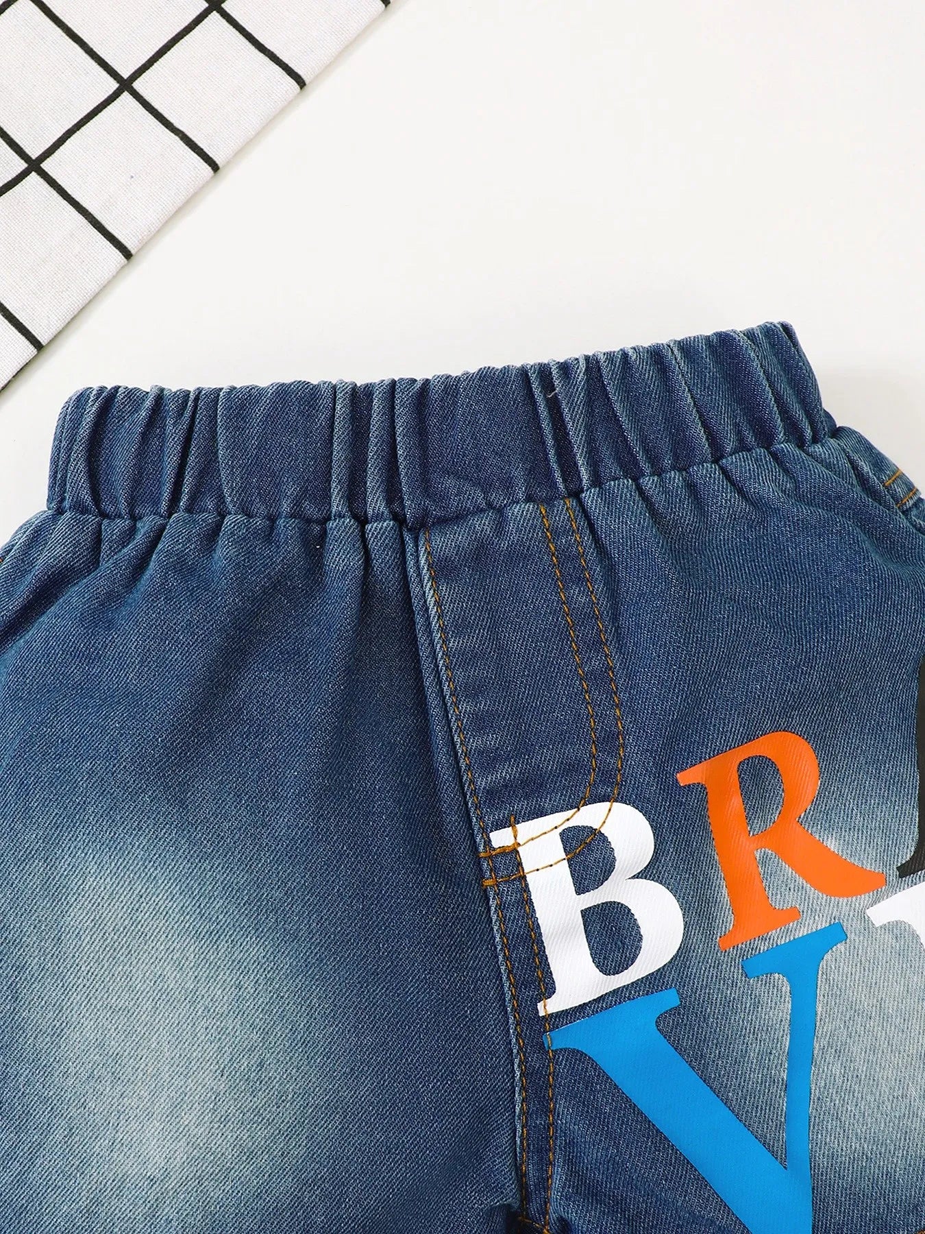 Children's Letter Round Neck Top and Denim Shorts Set