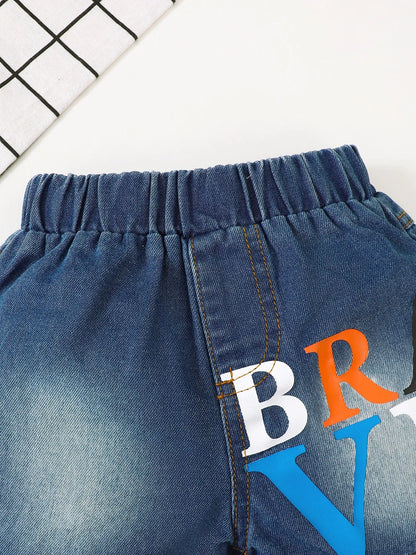 Children's Letter Round Neck Top and Denim Shorts Set