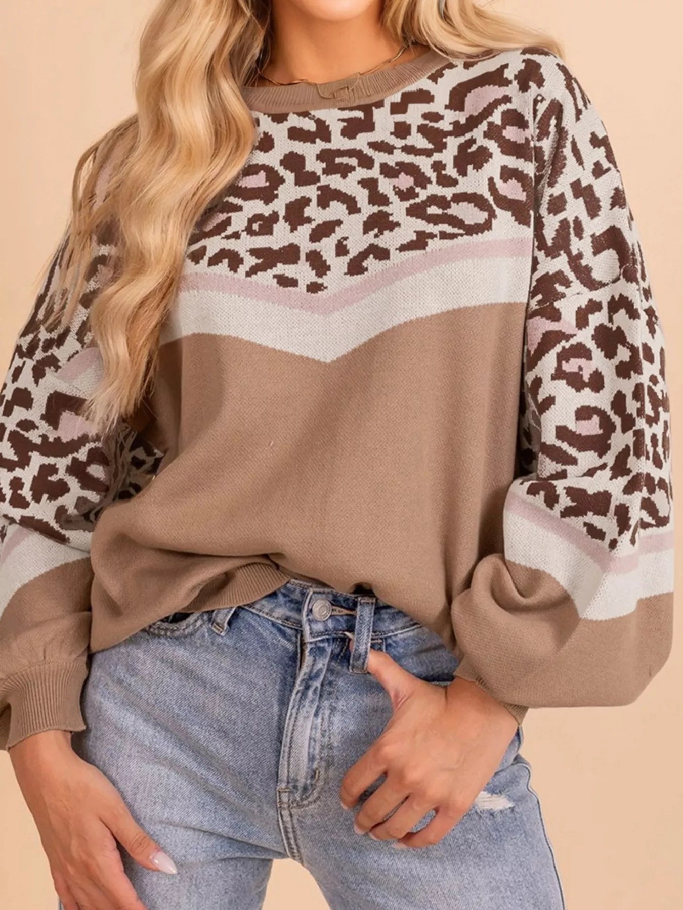 Leopard Color Block Knit Round Neck Baggy Sweater Camel