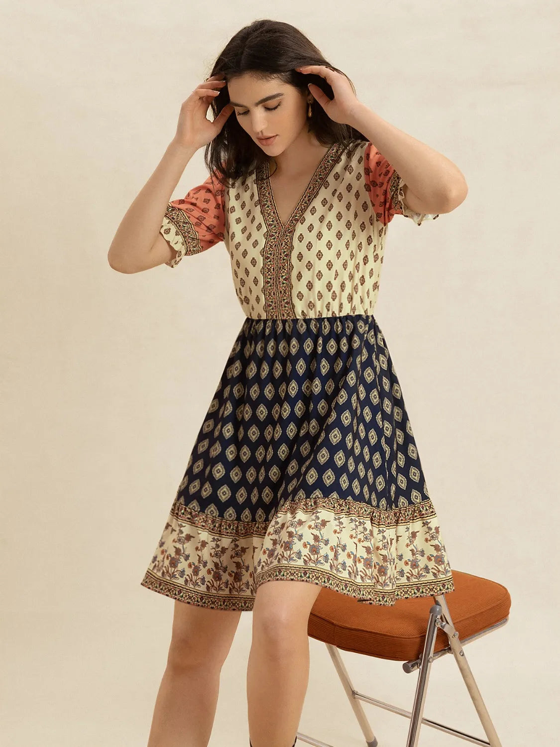 Printed V-Neck Short Sleeve Dress